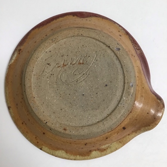 Studio Art Pottery Saucer Bowl Spout Burgundy Tan Speckle SIGNED Wheat Stoneware - Picture 4 of 16